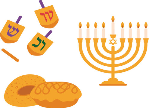 Hanukkah festival set with golden menorah candles, dreidel spinning tops and traditional donuts, vector illustration