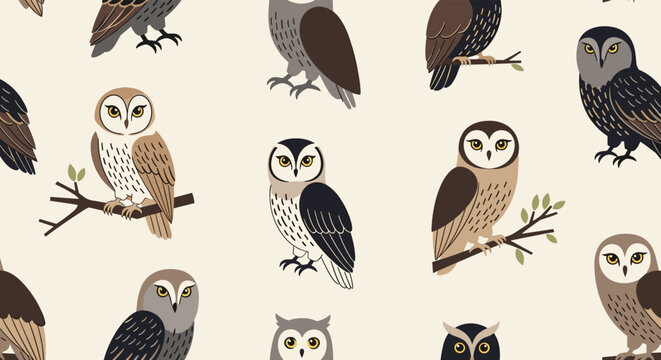 Seamless pattern of various owl species standing on branches and looking forward on a light beige background.