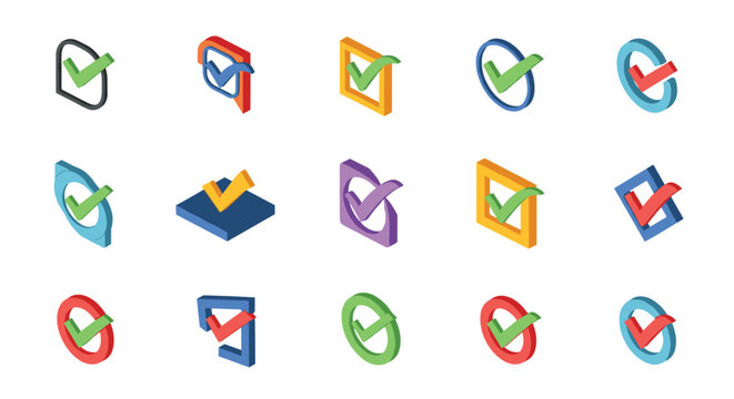 Large set of 3D isometric check mark icons in various bright colors and shapes for task completion and approval.