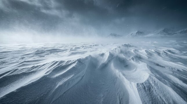 Image snowstorm across wind sculpted snow dunes on open frozen plain, distant mountains, blue gray storm sky, rippled snow ridges, polar wilderness scale, cinematic cold desert atmosphere and texture