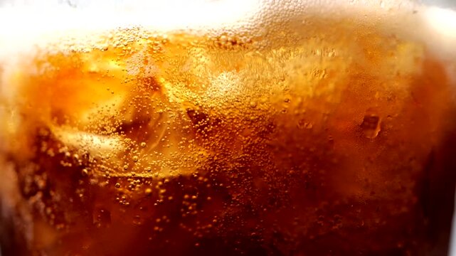 Refreshing Iced Cola Close Up with Cold Bubbles and Frosty Glass Texture