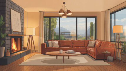 Fototapeta premium Cozy living room with a large sectional sofa fireplace and large windows overlooking a scenic landscape perfect for home decor and interior design concepts