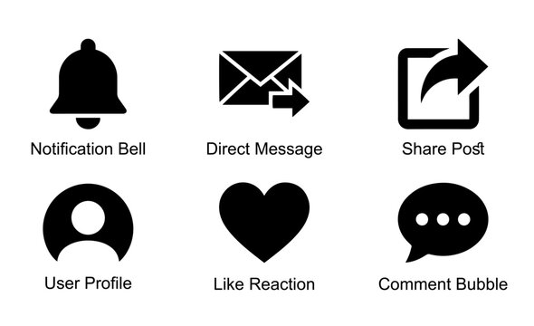 Social media icons, black, simple, flat, notification bell, direct message, share post, user profile, like reaction, comment bubble