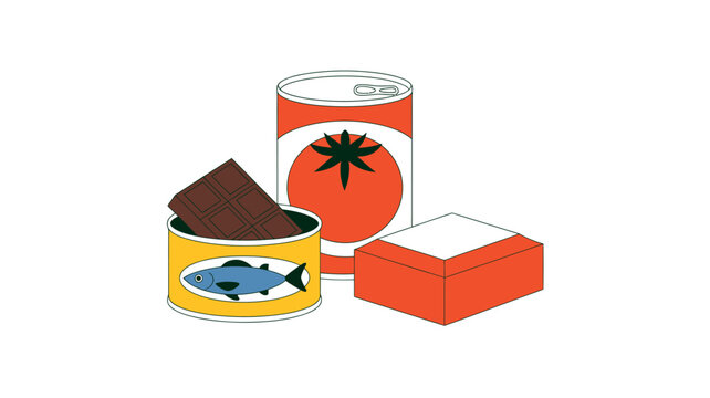 A digital illustration showing a collection of essential food supplies including a tomato sauce tin a yellow fish can with chocolate inside and a rectangular package of emergency food rations