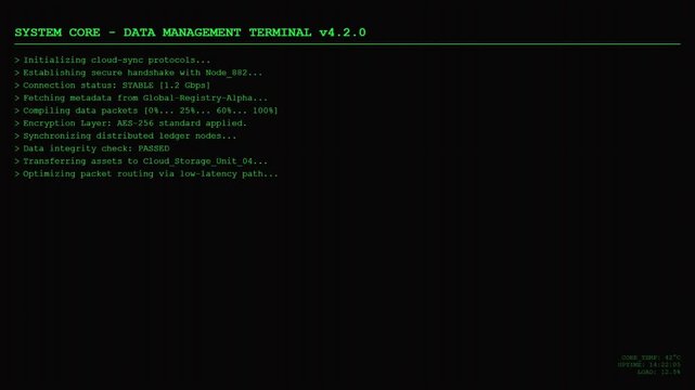 System Core Data Management Terminal with Green Digital HUD Command Line Interface and Cloud Sync Protocols.