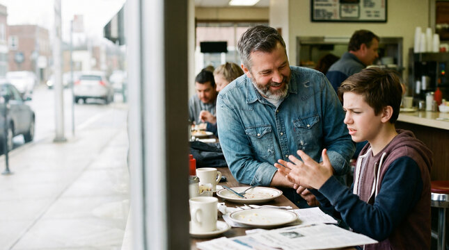 This Father's Day, a son and his dad share a genuine conversation in a charming diner, strengthening their bond and creating precious, lasting memories together