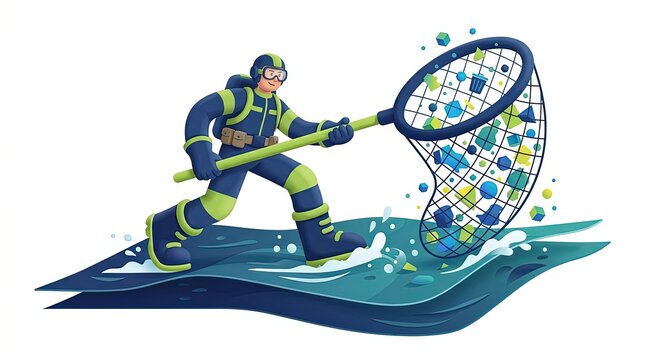 Environmental activist collecting plastic debris and trash from ocean water with a net 3D illustration