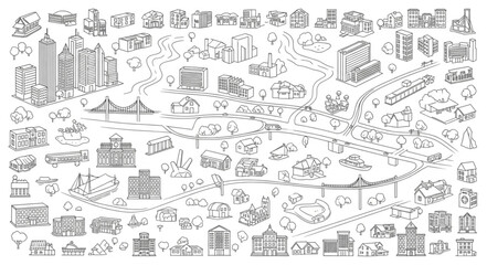 Naklejka premium Detailed hand drawn sketch of a city map with buildings and roads.