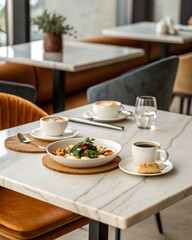 Fototapeta premium minimal cafe table, commercial stock photo style, warm realistic tones, Generate AI 