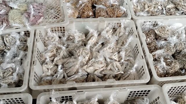 Local fish seller showcasing salted fish products at a traditional market stall, rich in cultural atmosphere and everyday community trade.