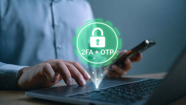 Business user accessing secure login system with OTP verification and two factor authentication on laptop and smartphone for online cybersecurity protection.verification, 2FA two-factor authentication