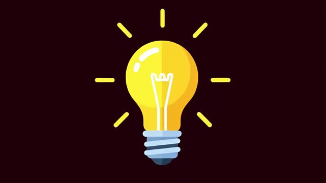 Glowing, cartoon lightbulb with light rays on a dark brown background