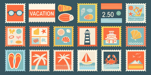 Colorful travel themed postage stamps collection flat vector illustration with vacation icons high quality professional © Pabitra