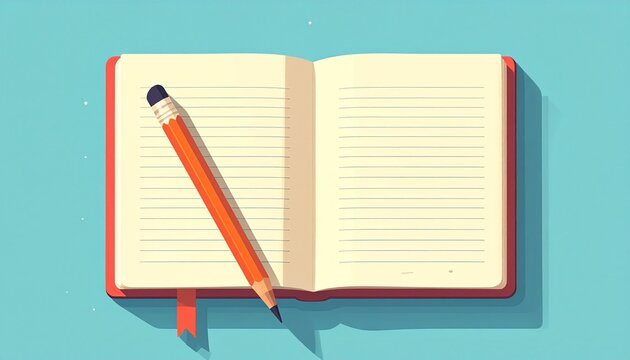 Blue open notebook and pencil on teal background representing writing, journaling, education, and creative note-taking in a clean flat minimalist style.