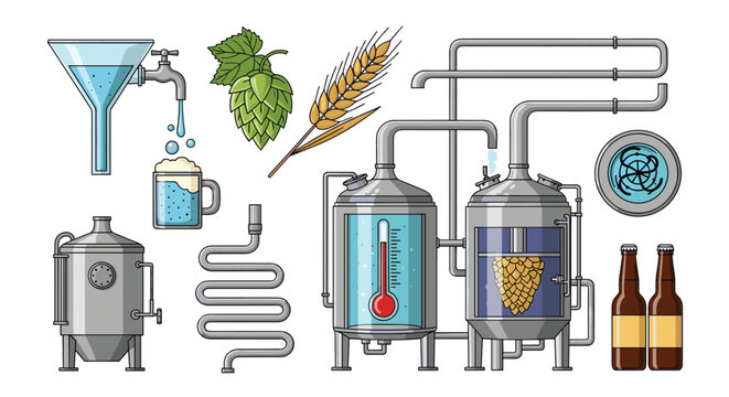 Detailed industrial diagram of the beer brewing process featuring fermentation tanks, hops, barley, and various cooling pipes.