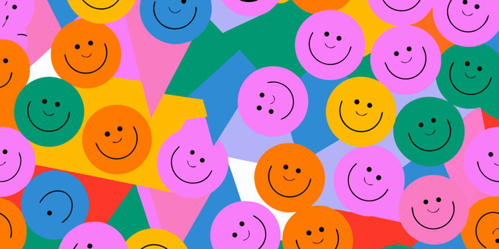 colorful smiley face pattern with repeating designs and vibrant geometric shapes high quality professional detailed