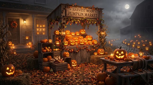 Hellowine harvest moon pumpkin market spooky halloween autumn scene