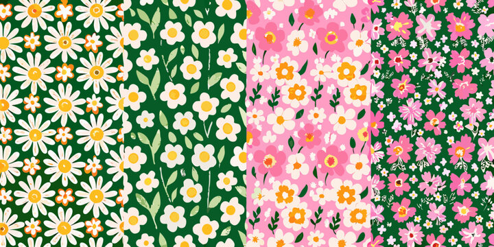 Repeating floral pattern with daisy and blossom motifs in four vibrant color panels high quality