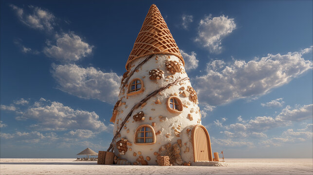 Ice cream cone house on beach whimsical architecture fantasy building summer vacation dream home design 3d render