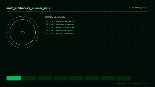 Data Integrity Shield Cybersecurity Interface with Green Digital HUD Scanning Mode and Verification Progress.