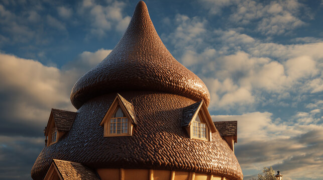 Fairy tale house with thatched roof and dormer windows against a cloudy sky fantasy architecture design