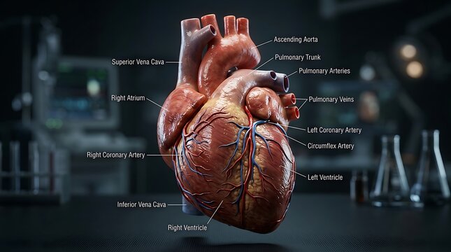 Ultra realistic 3D render of a human heart highly detailed anatomical structure realistic veins and arteries natural organic texture medical grade visualization photorealistic CGI cinematic lighting d
