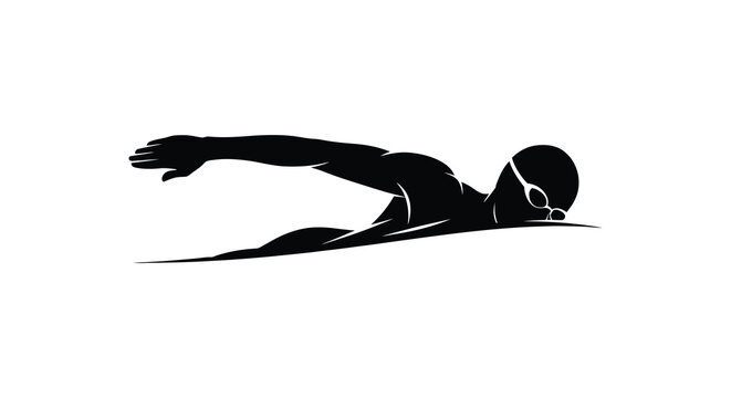 Swimmer in freestyle stroke black silhouette on white background high quality professional detailed