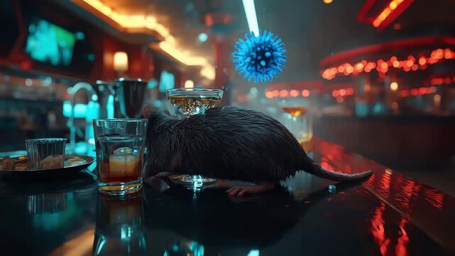 A deceased mouse lies in a bar with drinks around it, a floating virus model above, and a neon-lit, out-of-focus bustling nightlife background.Hantavirus. Rodent virus.