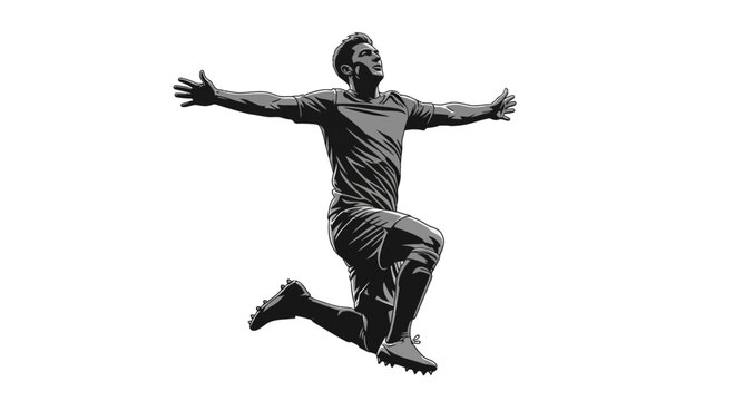 Joyful Man Jumping with Arms Outstretched in Black and White.
