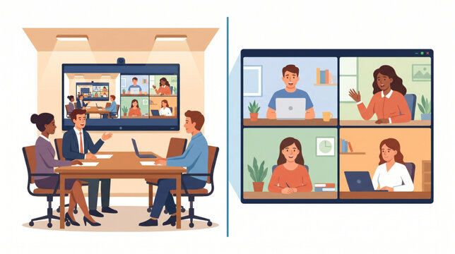 Hybrid Meeting with In-Room and Remote Participants Split Screen Vector Illustration
