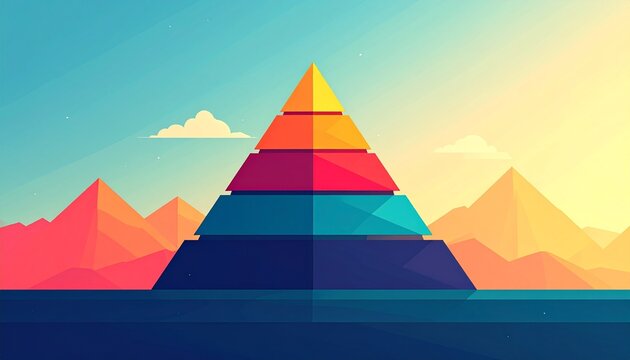 Colorful hierarchy pyramid diagram with five levels representing business structure, priority, levels, and strategy in a modern 2D flat landscape style.