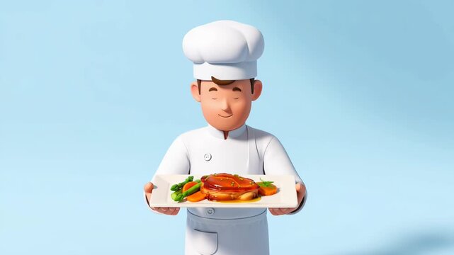 Cartoon Chef Presenting Delicious Meal on Plate, Featuring Roasted Meat and Vegetables