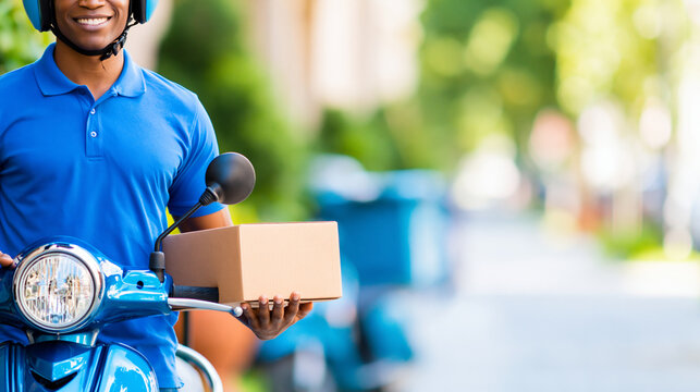 Delivery courier with scooter holding cardboard package, fast ecommerce parcel service with copy space, online shopping shipping and urban logistics concept