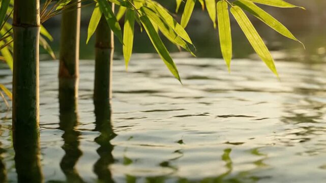 Tranquil Bamboo Stalks Reflected in Rippling Water at Sunset