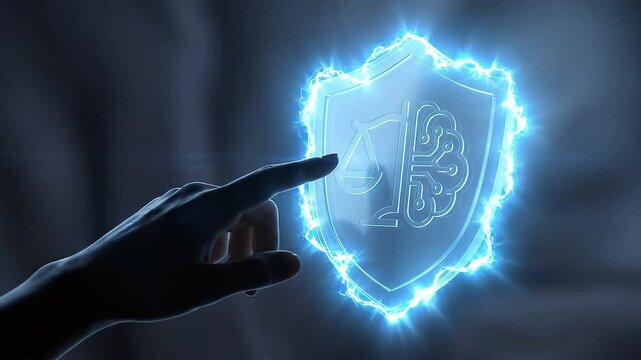 AI ethics regulation digital protection shield glowing futuristic technology interface with human finger symbolizing control balance and responsible innovation