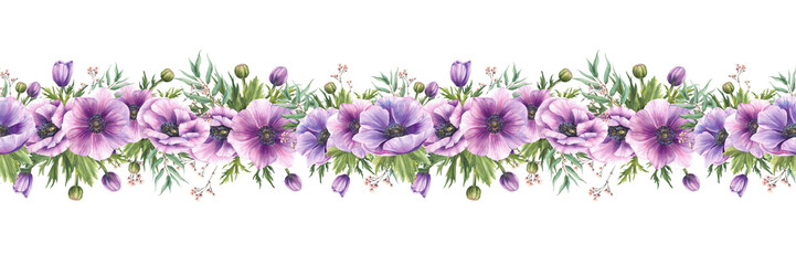 Anemones flowers with purple and pink buds and green leaves with eucalyptus branches watercolor seamless border. Floral illustration, horizontal pattern print. Hand drawn on isolated white background. © Bartol_art