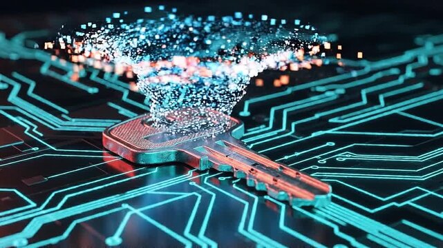 Digital key on circuit board with pixel particles floating above symbolizes AI ethics, regulation, and security in technology, highlighting innovation, data encryption, and secure connection concepts
