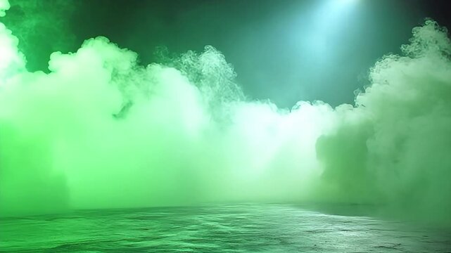 A cinematic scene featuring thick green fog and dramatic lighting, perfect for sci-fi or mystery themed advertising and web design.