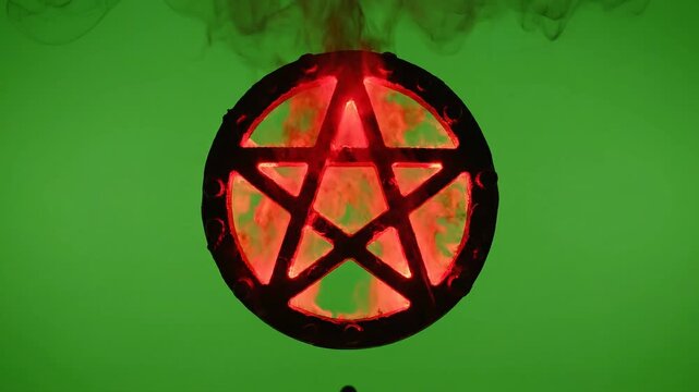 Glowing red pentagram symbol, occult pentacle sign, mystical black circle, green background ai 4k Video