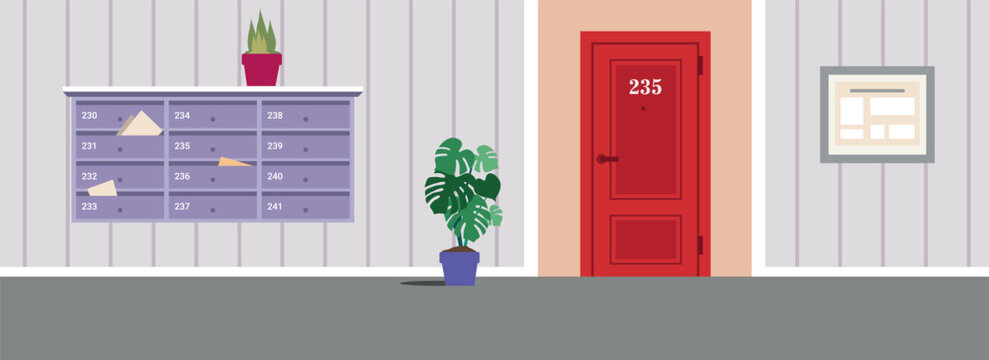 Apartment corridor with door, mailbox, framed notice board, and indoor plants. Modern residential hallway interior in pastel colors. Flat vector illustration
