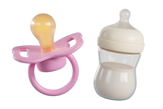 Baby pacifier and milk bottle isolated on background. Infant feeding accessories for parenting, maternity, and baby care themes. 3d render
