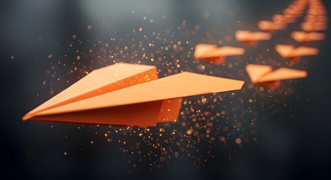 Orange Paper Plane Leading a Group of Planes with Glowing Particle Trail Symbolizing Leadership and Innovation
