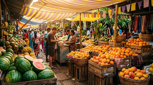 A bustling outdoor market vibrant with fresh produce, local vendors, and diverse shoppers under striped canopies, showcasing an authentic cultural experience and abundant seasonal fruits