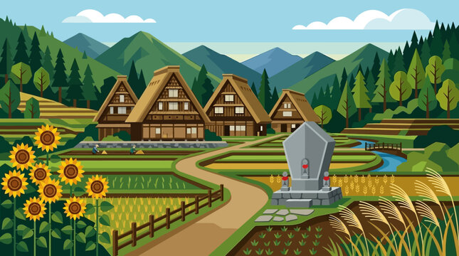 Traditional Japanese Village Illustration with Gassho-Zukuri Farmhouses, Rice Paddies, Sunflowers, and Mountains - Stylized Rural Landscape of Shirakawa-go in Summer