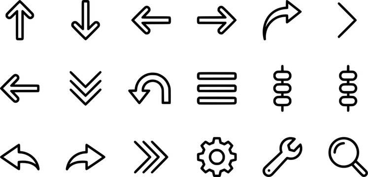 Universal User Interface Navigation Arrows and Settings Line Icon Set
