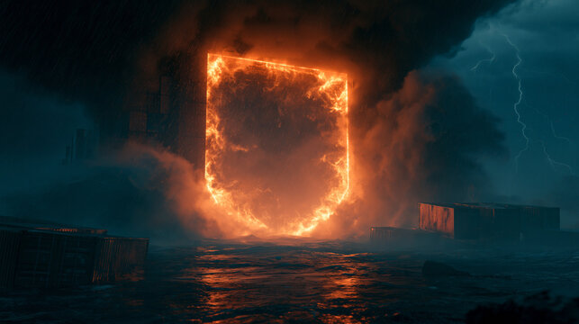 Massive Glowing Shield Wall Protecting Cargo Containers in Storm Dramatic Cybersecurity Logistics Protection and Disaster Defense Concept 3D Illustration