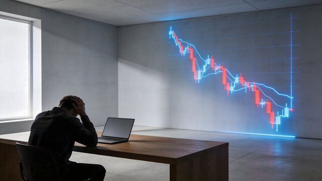 Distressed trader sitting at desk holding head in despair looking at bearish stock market chart on wall