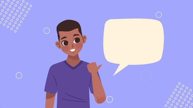 Animated african american man pointing with thumb at speech bubble over purple background.