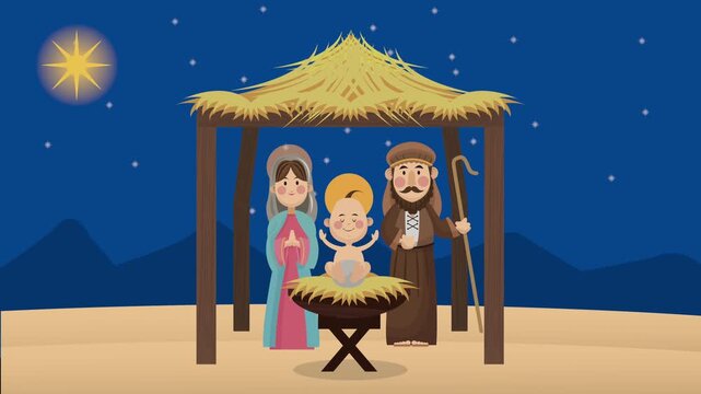 A motion video of the holy family in christmas manger scene with mary joseph and baby jesus.