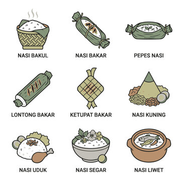 Indonesian Rice Dishes Icons: Nasi Bakul, Bakar, Pepes, Lontong, Ketupat, Kuning, Uduk, Segar, Liwet